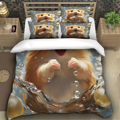 Housse de couette hamster mignon parure lit zippée microfibre anti-glisse