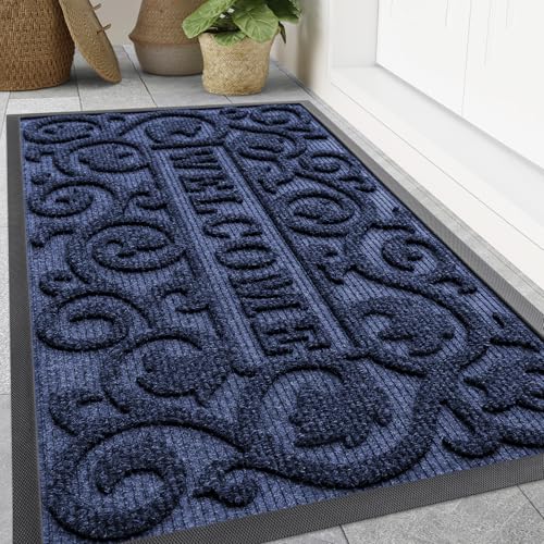 Image of Smiry Welcome Door Mat Outside Entrance, Heavy Duty Trap Dirt and Moisture Easy Clean Low Profile Patio Porch Indoor Outdoor Front Doormat for Entry, 47x32 Inch, Navy Blue
