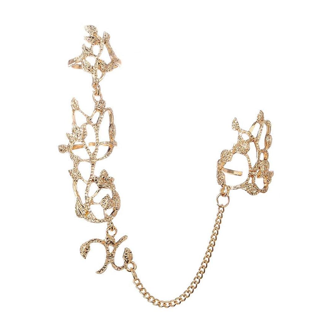 ExceforeBoho Finger Ring Hand Chain Gold Knuckle Ring Bracelets Punk Leaf Ring Harness Bracelet for Women and Girls (Gold)