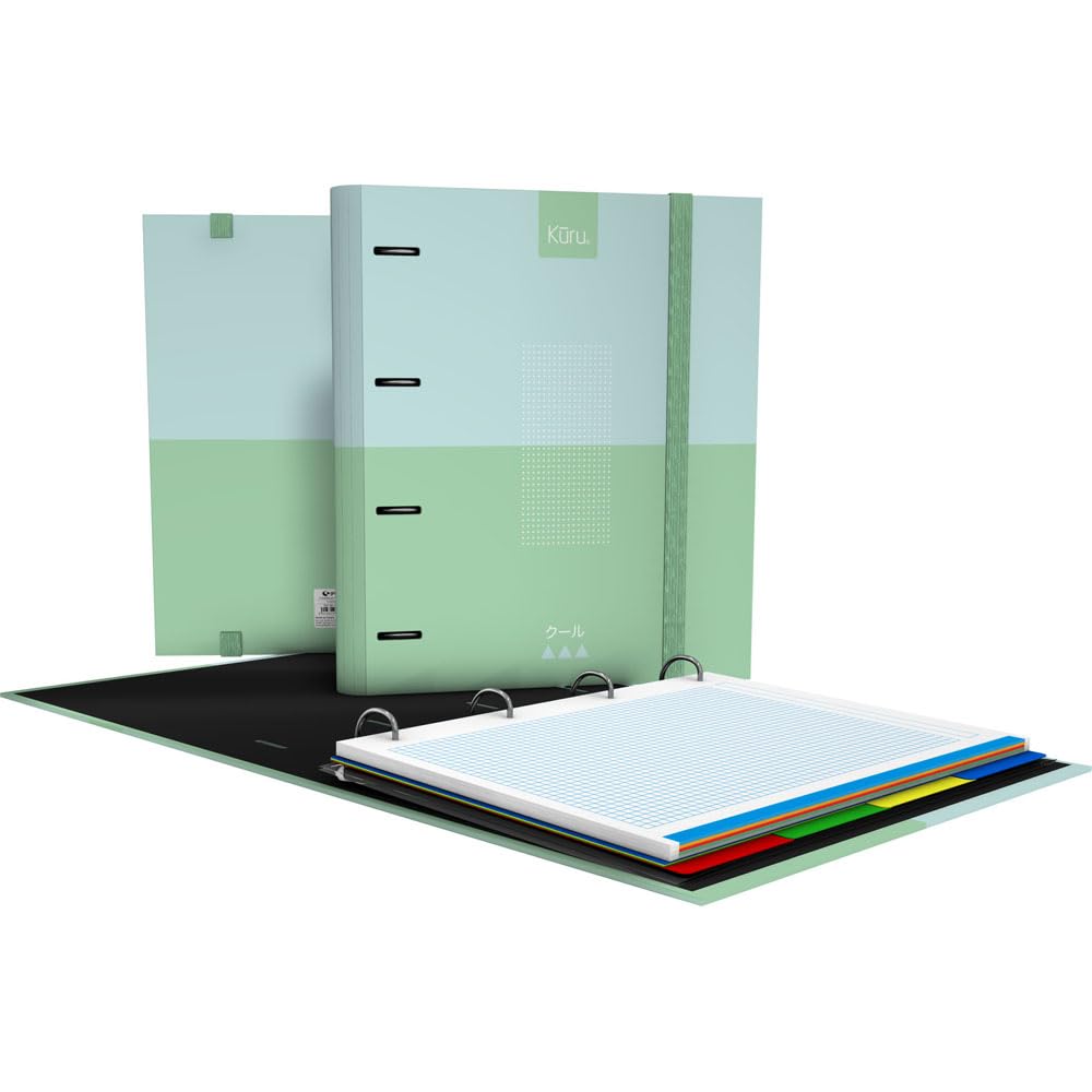 Grafoplás | 4 Ring Binder | A4 | Kuru | Green | Includes Refill Grid 5x5 Colour Edge | Paper 90g | Plastic Dividers | Ergonomic Curved Spine | Carpebook | Perfect School Supplies