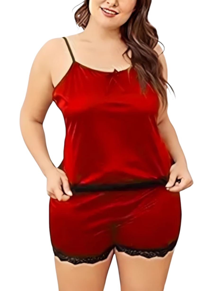 sprintx Satin Cami and Shorts Sleepwear Set, Maroon with Lace Trim, Adjustable Straps-picture-54
