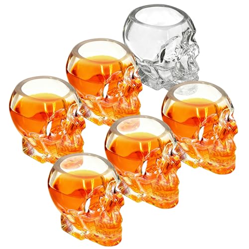 REUJIHXY 6Pcs Skull Shot Glasses Set 3.3 oz Mini Clear Bulk for Wedding Party Whiskey Espresso Water Juice Milk Coffee Drinking Skull Glass Cups For Halloween Theme parties Bars (6 Small)