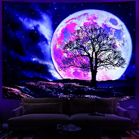 Leofanger Blacklight Moon Tapestry UV Reactive Galaxy Space Tapestry Trippy Mountain Tree Tapestry Starry Night Sky Tapestry Wall Hanging for Home Decor(70.8"x92.5") Cover
