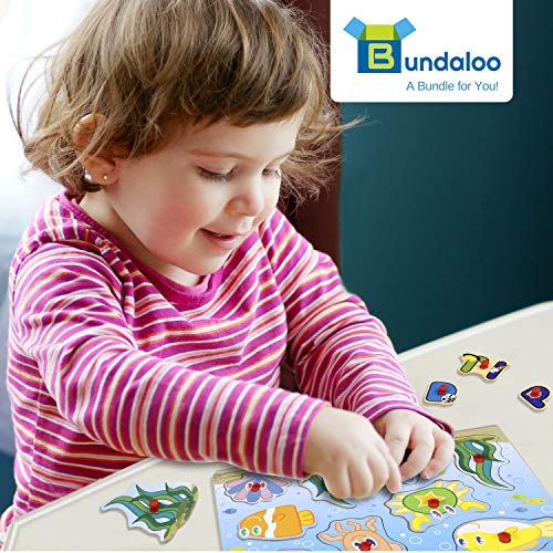 Bundaloo Wooden Puzzles for Toddlers - Set of 6 Puzzle Boards with Large Pegged Knobs and Wire Rack. Includes Numbers, Shapes, and Animals - Thumbnail 6
