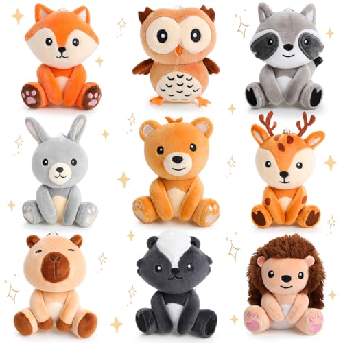 Aoriher 9 Pcs Small Woodland Stuffed Animals Bulk 4 Inch Mini Forest Plush Toys Deer Rabbit Owl Skunk Capybara Raccoon Hedgehog Bear Fox for Baby Shower Wedding Birthday Graduation Classroom Prizes