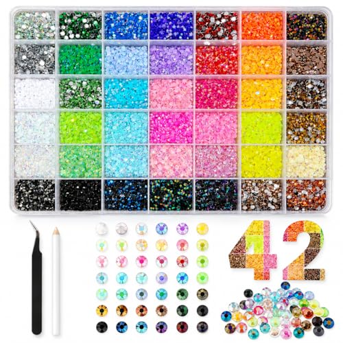 Juego de 32000 piedras de estrás de gelatina de 3 mm, 42 colores, de resina, con caja de clasificación, pinzas y lápiz para uñas, ropa, zapatos, manualidades