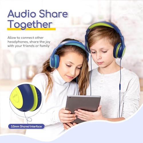Image of EarFun Kids Headphones with Mic for Boys /Girls, Over Ear HD Wired Headphones for Children, 85 /94dB Volume Limiter, Sharing Port, Foldable On Ear Headsets for School /Pad /PC /Travel (Blue&Lemon)