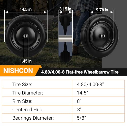 4.80/4.00-8 Flat Free Wheelbarrow Tire with 5/8 & 3/4 Bearing 3\" -7\" Centered Hub for Garden Cart Ribbed Tread Foamed Polyurethane Tire by NISHCON - 2 Pack