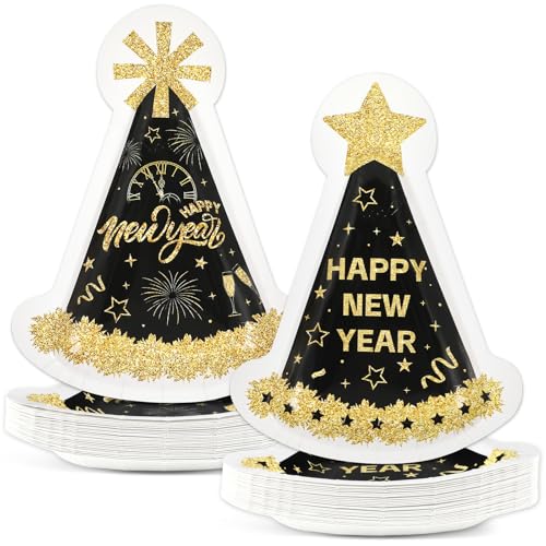 Naozinebi 50Pcs Happy New Year Eve Party Decorations Disposable Paper Plates Cone Hat Shaped Dessert Plates Tableware Set 2025 New Years Eve Cake Plate Dinnerware for New Year Eve Party Supplies