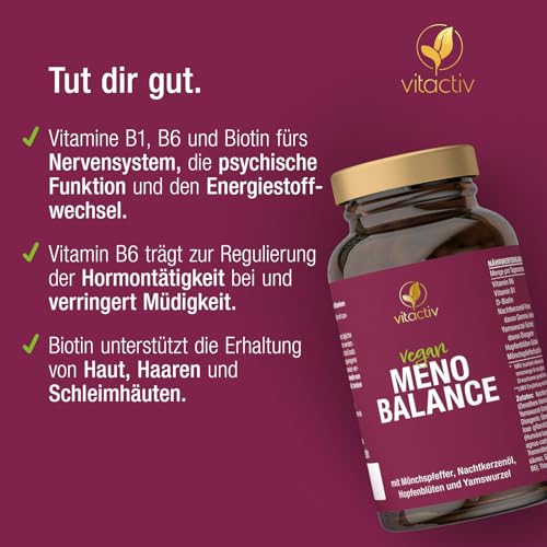 VITACTIV MenoBalance - Wechseljahre Pflanzlich - Nachtkerzenöl, Yamswurzel, Hopfen, Mönchspfeffer plus B Vitamine - Gegen Symptome - Hormonfrei & Vegan - 60 Menopause Kapseln