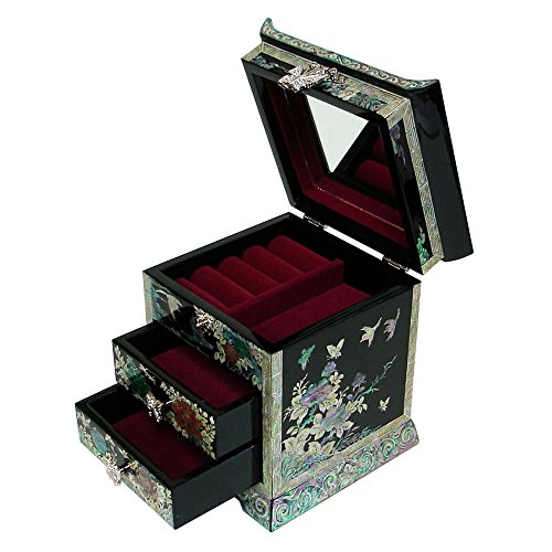 Mother Of Pearl Peony Flower Bird Black Lacquer Wood Drawer Jewelry Trinket Keepsake Treasure Chest Box #TOP5