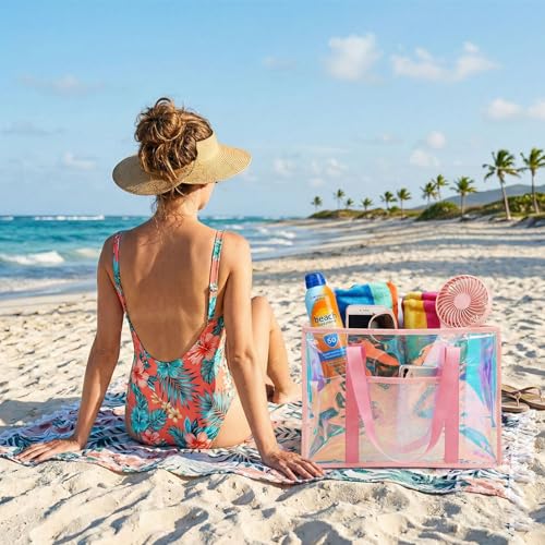 Image of Pink Iridescent Waterproof Beach Travel Bag for Women Large Waterproof Sandproof Women's Beach Tote Pool Bag Zipper Pool Swim Tote Bag for Travel and Spring summer Vacation