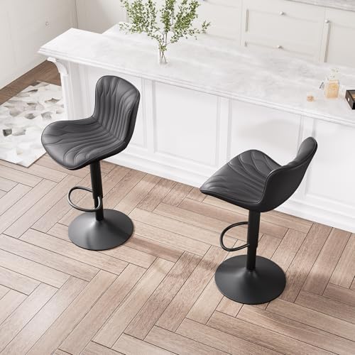 YOUNIKE Black Bar Stools Set of 2 Upholstered Modern Swivel Counter Height Bar Chair with Back Adjustable Kitchen Island Tall Faux Leather Padded Barstools Metal Breakfast