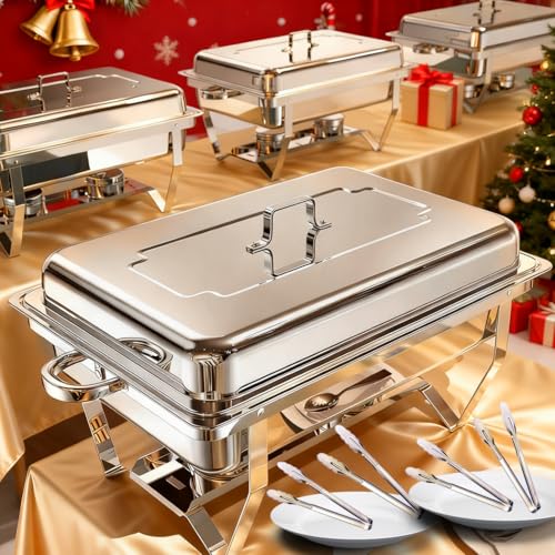 4 Pack Chafing Dishes for Buffet 9QT, Chafing Dish Buffet Set Rectangular with 4 Serving Tongs, Full Size Chafing Pan, Buffet Server Warmer Parties Christmas, Chafers and Buffets Warmers Sets