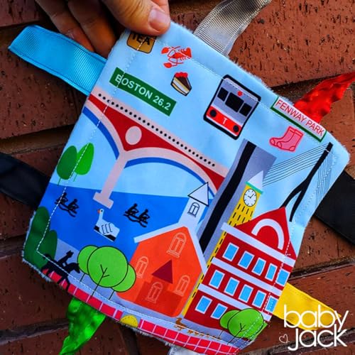 Image of Baby Jack & Co 8x8 inch Learning Lovey Boston Massachusetts Tag Toys for Babies - Baby Crinkle Toys - Soft & Safe - Learn USA Cities and Shapes - Ideal Baby Toy & Gift BPA Free w /Stroller Clip