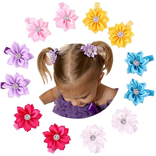 QandSweet Baby Girl Hair Clips with Jeweled Flower (6 Pairs 2" Flower)