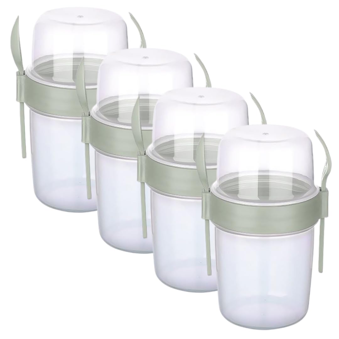 EYNEL4 Pack On The Go 37 oz Breakfast Cups with Lids and Spoon, Reusable Cereal Yogurt Cup with Topping Plastic Jar Overnight Oats Container for Granola Oatmeal 37 oz - Green - 4 Pack