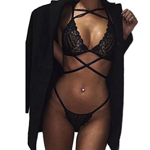 Women's Lingerie,Neartime Underwear Sheer Lace Frenum Strap Hot Bra Top Bustier Set (L)