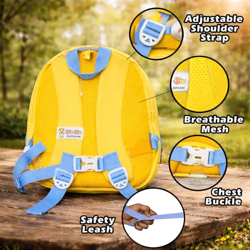 Image of WISHKEY Kids Bag for Boys & Girls 2-5 Years Picnic Bags For Girls Water Resistant lightweight Small Size with Safety Leash, Chest Buckle & Adjustable Straps Yellow