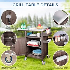 COOLBEBE Movable Outdoor Table Solid Wood Grill Car for Outside, Portable Outdoor Grill Car Table with Stainless Steel Top, Spice Rack Portable Outdoor Cooking Table with Storage COOLBEBE Movable Outdoor Table Solid Wood Grill Car for Outside Portable Outdoor Grill Car Table with Stainless Steel Top Spice Rack Portable Outdoor Cooking Table with Storage