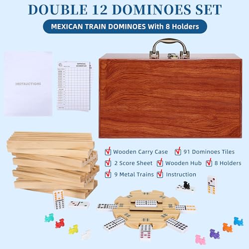 Mexican Train Dominoes set doble 12 con estuche de madera miniatura 3