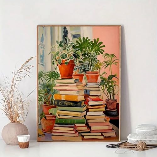 Peinture à l'encre vintage triptyque livre et fleur affiche murale toile grand format 60x90cm