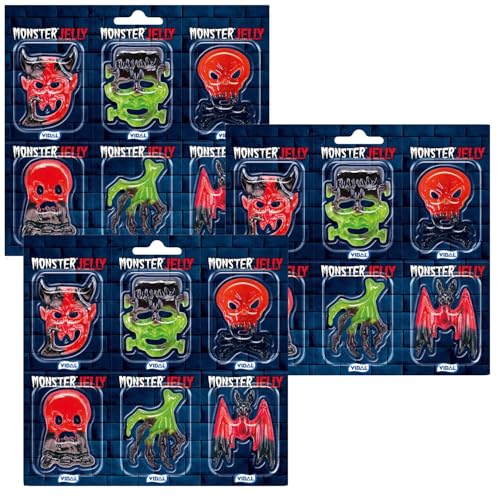Vidal Monster Jelly 3x66g I 3 Blister mit je 6 gruseligen Gummibären Halloween I Fruchtgummi I Fledermaus I Schädel I Frankenstein I Süßes oder Saures I Herbst I 198 Gramm