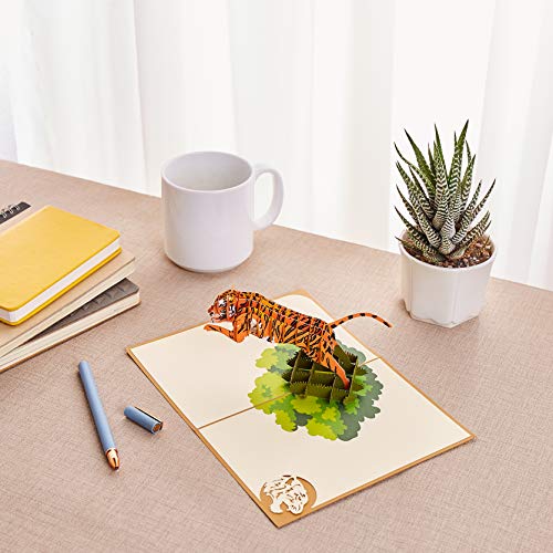 Image of Rykamia Tiger Pop Up Card, Blank, with Envelope, 3D, Delightful Illustrations, Suitable for Any Occasion, Protective Poly Bag Included