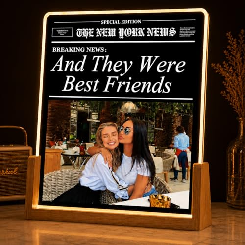 Image of Friendship Day Custom Photo Collage LED Lamp, Personalised Acrylic Night Light for Best Friends, Warm White, Wooden Base, Touch Control, Modern Style (Bestie 9)