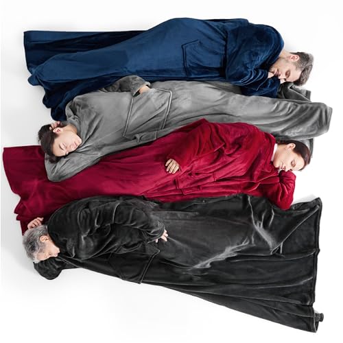 BEDSURE Decke mit Ärmeln Kuscheldecke - Weihnachten Geschenke für Frauen und Männer, Warm Ärmeldecke & Sofadecke für Erwachsene, Flauschige Ganzkörperdecke zum anziehen, Tragbare Decke, 150x200cm,Grau