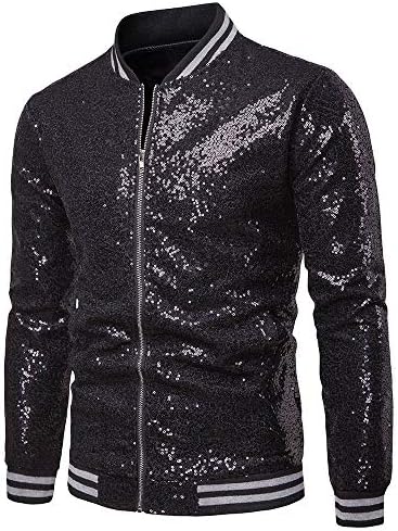 Mens Sequins Nightclub Styles Zip up Varsity Baseball Bomber Jacket