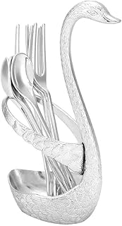 Oumefar 6-częściowy zestaw sztućców łyżki ze stali nierdzewnej, wykwintny zestaw naczyń z regałem do przechowywania w kształcie łabki, widelczyki do sałatek owocowych, łyżeczki do kawy do ciasta (srebrny, z wzorem)