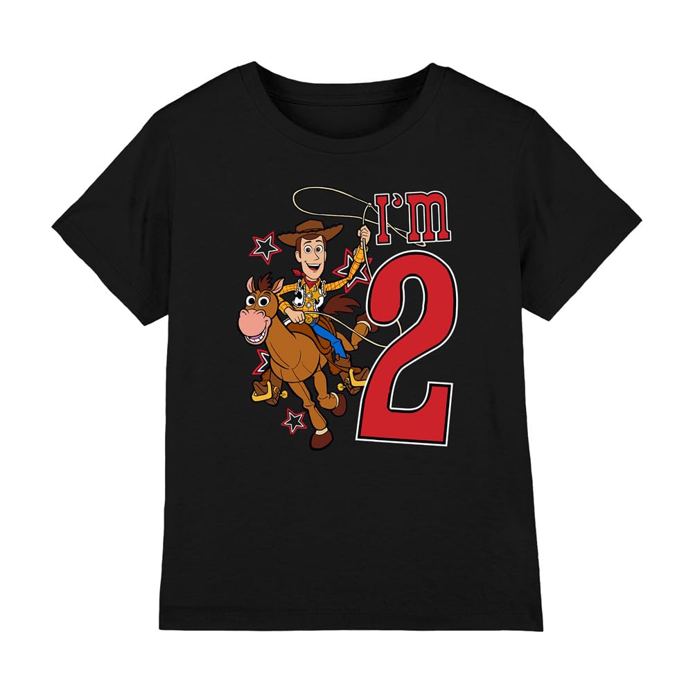 Toy Story Boys Birthday Woody I'm 2 Unisex Kids T-Shirt, Black, 12-13 Years UK