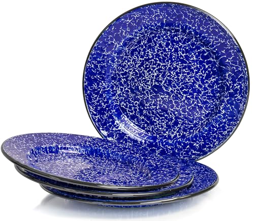 Red Co. Set of 4 Enamelware Metal Classic 10" Round Dinner Plate, Navy Blue Marble/Black Rim - Splatter Design