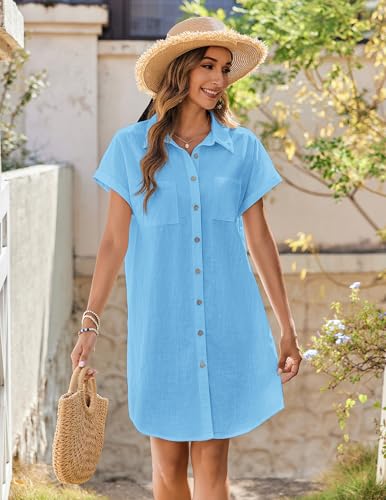 Image of Zeagoo Summer Dresses for Women 2025 Cotton Button Down Short Sleeve Tshirt Dresses Casual Mini Beach Dress