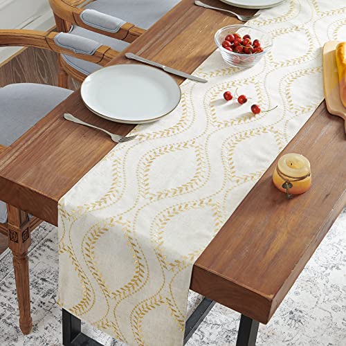 Jinchan Embroidered Leaf Table Runner Farmhouse Linen Table Runner 72 Inches Long Ogee Geometry Table Decor Coffee Table Runner For Dresser Dining Room Decoration 1 Panel 13X72 Inch Gold On Beige #TOP1