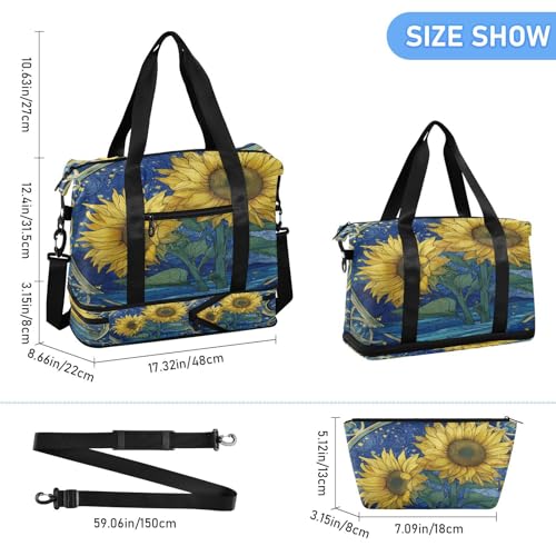 Stars Sunflower Blue Travel Duffel Bag for Women Men Gym Bag with Shoe Compartment Wet Pocket Carry On Weekender Overnight Bags for Airline Travel Gym3