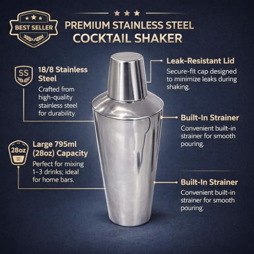 Chabrias Ltd 3-Piece Stainless Steel Cocktail Shaker 795ml (28oz) with Built-in Strainer – Cobbler Martini Mixer for Home Bar – Dishwasher Safe, Leak-Resistant Lid, Silver - Image 3