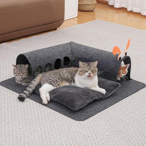 Rywell Large Cat Bed with Soft Cat Mat, 2-in-1 Cat Tunnel for Indoor Cats, 10in Diameter 32in Length Cat Tunnel Bed with Versatile Play and Sleep Cat Bed