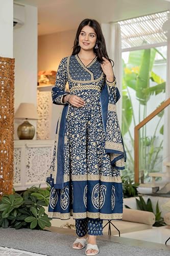 Image of Pistaa's Women's Pure Cotton Anarkali Floral Printed Hand Work Kurta with Pant & Dupatta Set