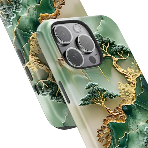 Image of Goodon for iPhone 13 Pro Max Case Cute - Wireless Charging Compatible - Dual-Layer Hard Shell + Silicone Cover - Protective Phone Case with Trendy Designs for Women - Gold Inlaid Jade Carving