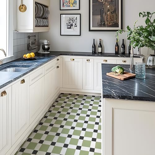 Alwayspon Vinyl Flooring Tile Sticker, 12Px30cm/12inch Peel and Stick Vinyl Floor Wall Planks Self-Adhesive Splashback Stick on Tiles Transfer Sticker for Bathroom Kitchen, Sage Green Black