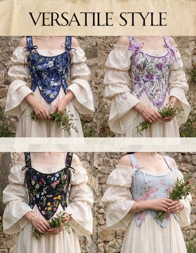 Image of SCARLET DARKNESS Corset Tops for Women Renaissance Costume Floral Lace Up Boned Bustier with Zip