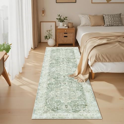 Madane Runner Rug 2x8, Washable Hallway Runner Rugs, Non-Slip Low-Pile Soft Kitchen Rug Runner Laundry Room Rug, Vintage Throw Entry Foyer Mat for Entrance Living Room (Green/Ivory, 2 x 8)