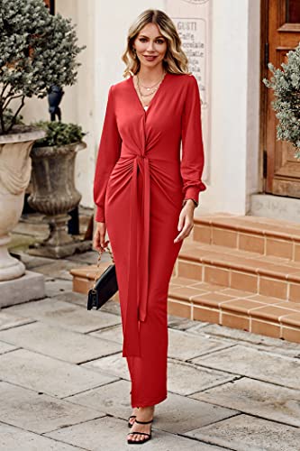 Prettygarden Women's Spring Long Sleeve Maxi Bodycon Dresses V Neck Twist Front Ruched Cocktail Evening Dress With Slit (Red,Small) #TOP3