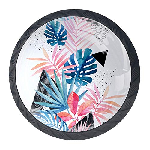 Pomelli rotondi per cassetti, 4 confezioni da 35 mm con poster USA Liberty, usati per camera da letto, credenze, credenze, cucina, ABS, vetro., Foglie tropicali arte moderna, 3.5×2.8CM/1.38×1.10IN