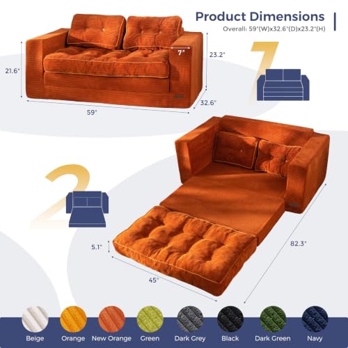 Image of MAXYOYO Convertible Sofa Bed, Pull Out Loveseat Sofa Couch, 2 in 1 Folding Couch Bed, Fold Out Floor Couch with Pillows for Living Room Bedroom Lounge