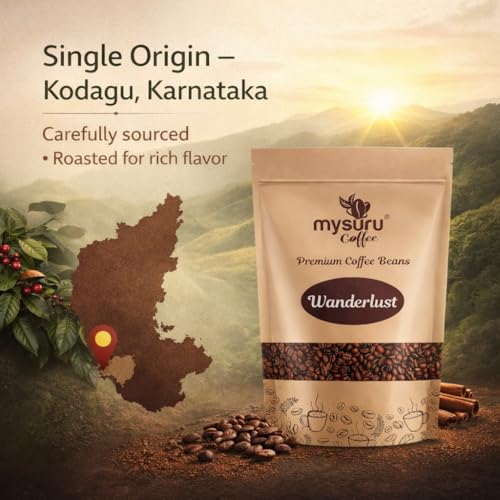 Image of Mysuru Coffee Premium Whole Roasted Beans [750g - WANDERLUST] Pure Robusta - 100% Cafe Blend Medium Roast Fresh Single Origin Coffee