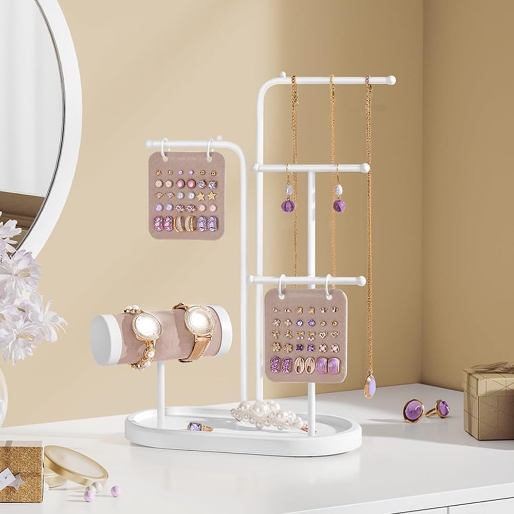 Porte-Bijoux Organisateur de Bijoux Multifonctionnel, Support en Fer for Colliers, Boucles d'oreilles, Montres et Bracelets | Blanc
