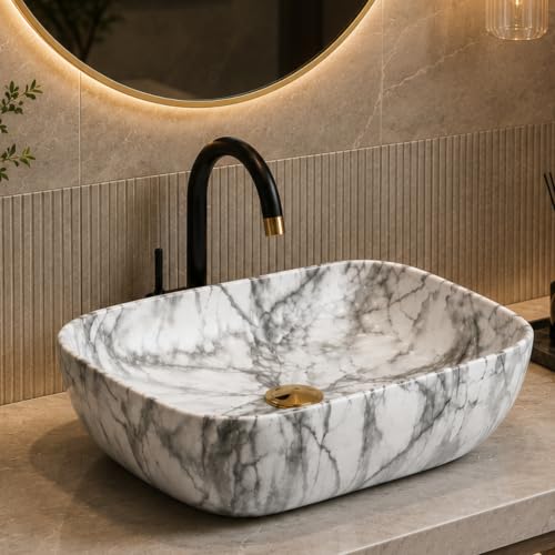 Image of Ceramic Tabletop Wash Basin - Glossy Rectangular Countertop Vessel Sink with Marble Finish for Bathroom & Vanity | Compact 18 x 13 x 5 Inch | Elegant Washbasin